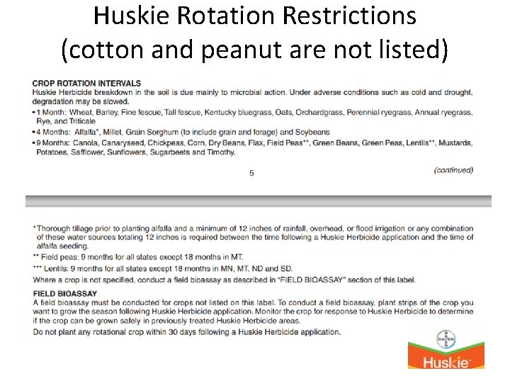 Huskie Rotation Restrictions (cotton and peanut are not listed) 