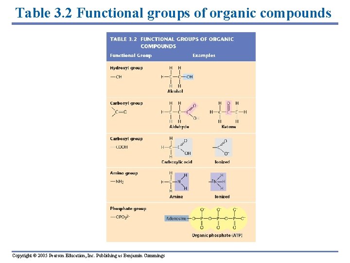 Table 3. 2 Functional groups of organic compounds Copyright © 2005 Pearson Education, Inc.