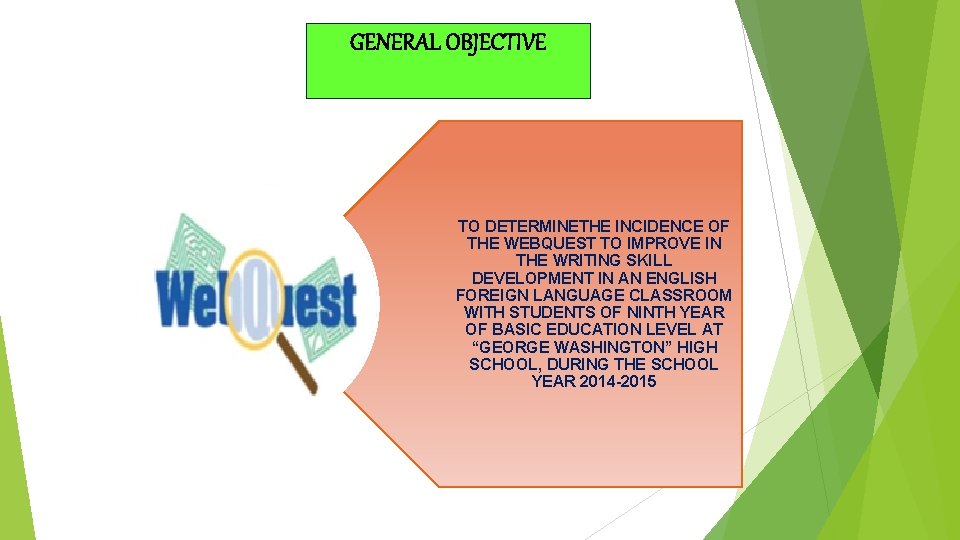 GENERAL OBJECTIVE TO DETERMINETHE INCIDENCE OF THE WEBQUEST TO IMPROVE IN THE WRITING SKILL