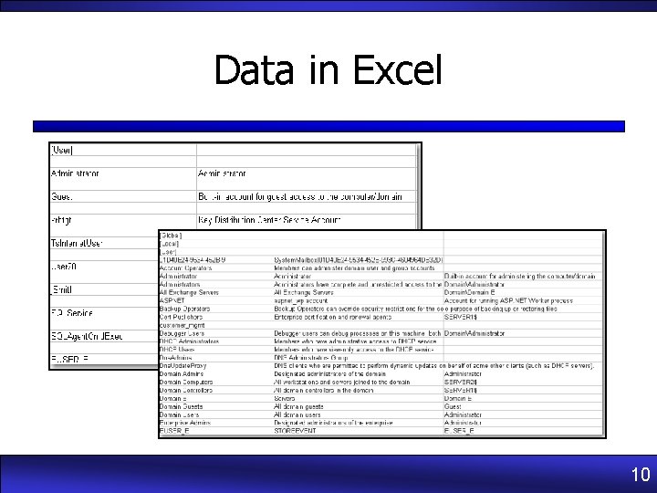 Data in Excel 10 