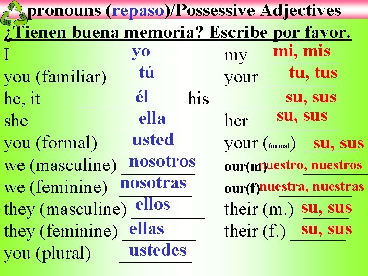 pronouns (repaso)/Possessive Adjectives ¿Tienen buena memoria? Escribe por favor. yo mi, mis I ____