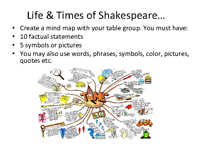 Life & Times of Shakespeare… • • Create a mind map with your table