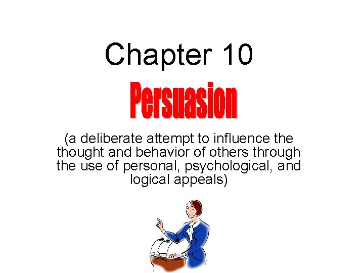 Chapter 10 (a deliberate attempt to influence thought and behavior of others through the
