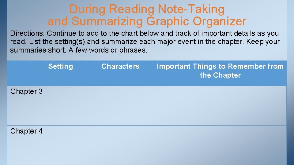 During Reading Note-Taking and Summarizing Graphic Organizer Directions: Continue to add to the chart During Reading Note-Taking and Summarizing Graphic Organizer Directions: Continue to add to the chart