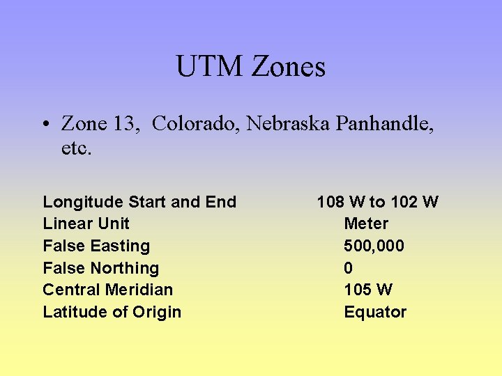 UTM Zones • Zone 13, Colorado, Nebraska Panhandle, etc. Longitude Start and End Linear