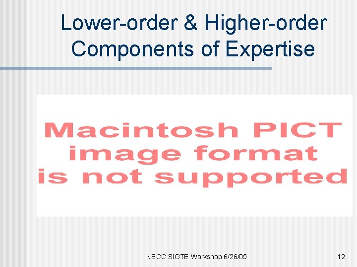 Lower-order & Higher-order Components of Expertise NECC SIGTE Workshop 6/26/05 12 