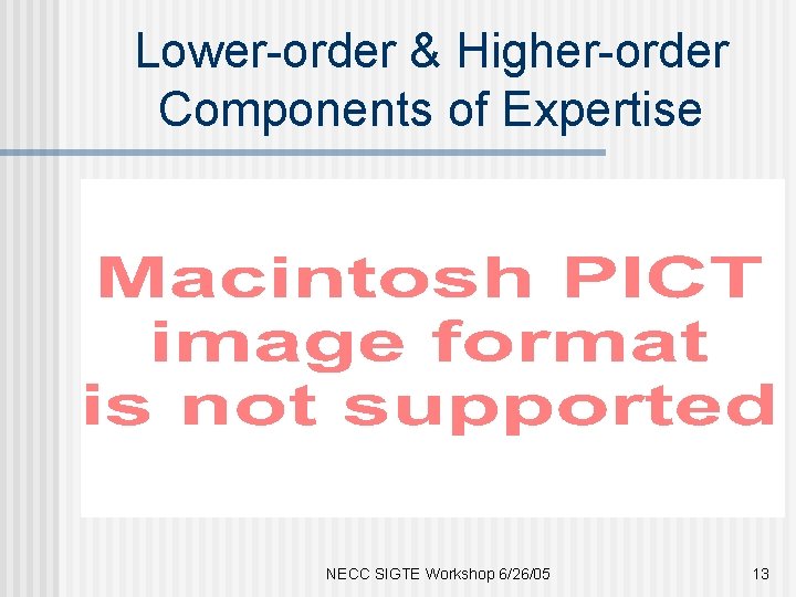 Lower-order & Higher-order Components of Expertise NECC SIGTE Workshop 6/26/05 13 