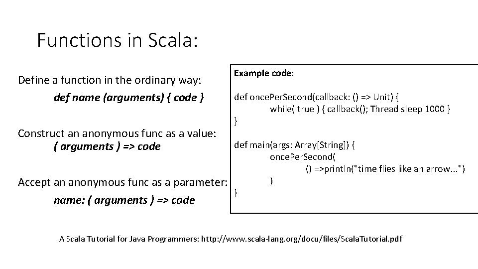 Functions in Scala: Define a function in the ordinary way: def name (arguments) {