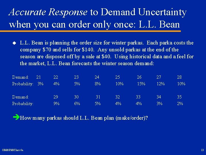 Accurate Response to Demand Uncertainty when you can order only once: L. L. Bean