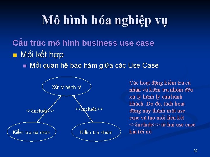 Mô hình hóa nghiệp vụ Cấu trúc mô hình business use case n Mối