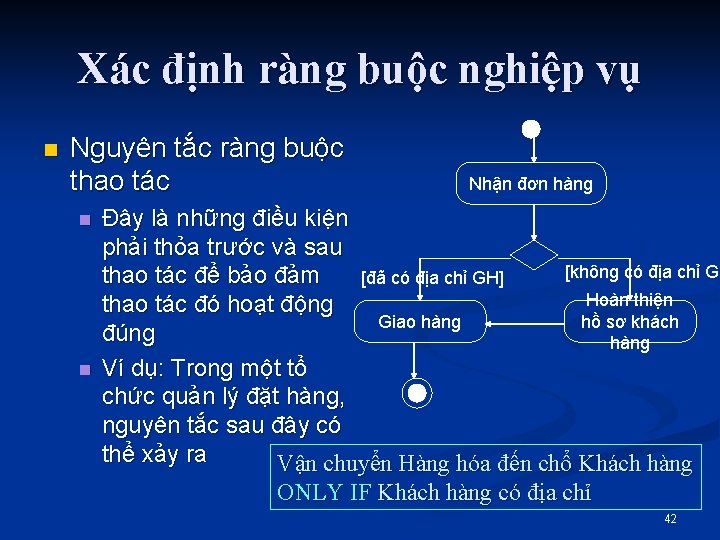 Xác định ràng buộc nghiệp vụ n Nguyên tắc ràng buộc thao tác n