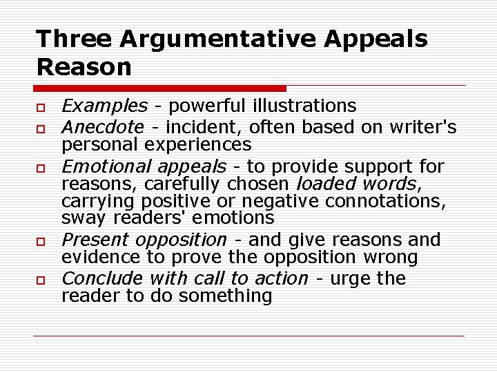 Three Argumentative Appeals Reason o o o Examples - powerful illustrations Anecdote - incident,