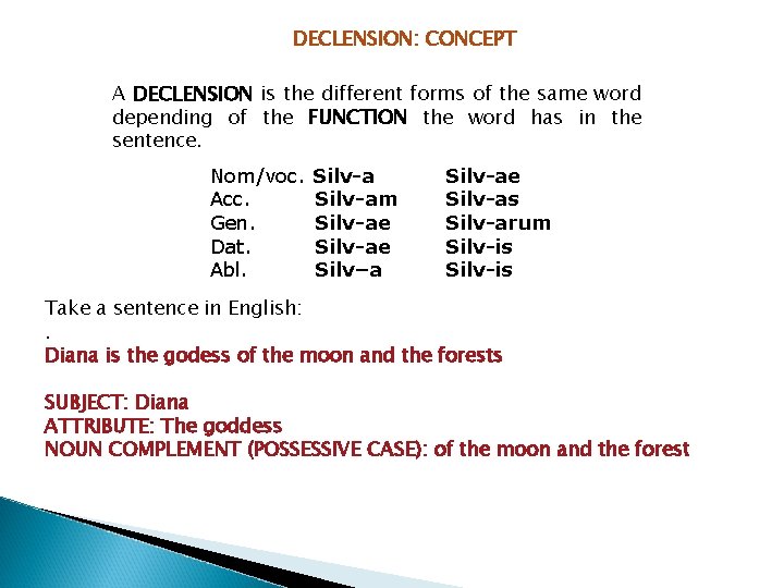 DECLENSION: CONCEPT A DECLENSION is the different forms of the same word depending of