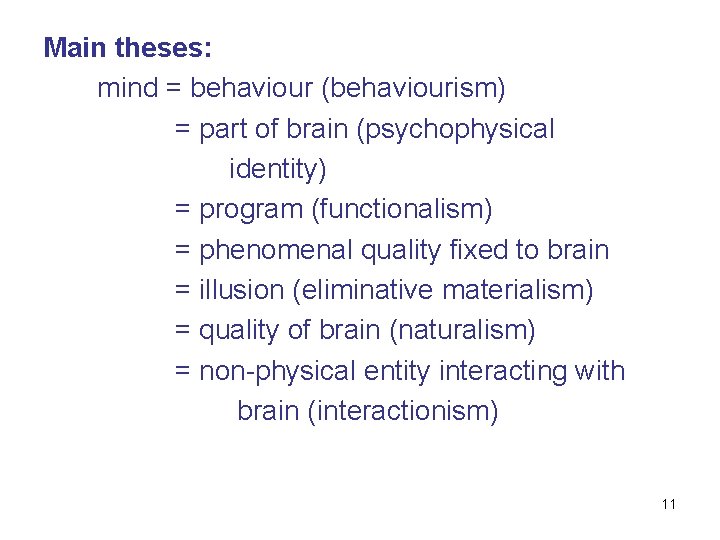 Main theses: mind = behaviour (behaviourism) = part of brain (psychophysical identity) = program Main theses: mind = behaviour (behaviourism) = part of brain (psychophysical identity) = program