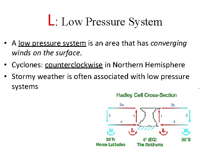 L: Low Pressure System • A low pressure system is an area that has