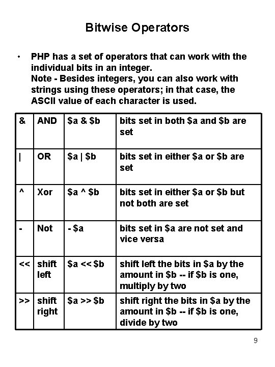 Bitwise Operators • PHP has a set of operators that can work with the