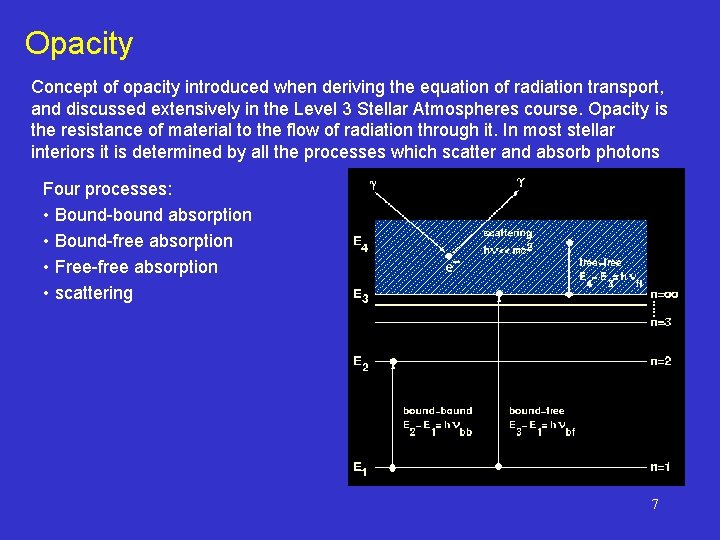 Opacity Concept of opacity introduced when deriving the equation of radiation transport, and discussed