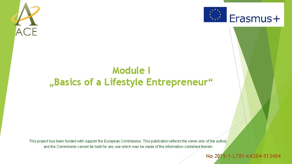 Module I „Basics of a Lifestyle Entrepreneur“ This project has been funded with support