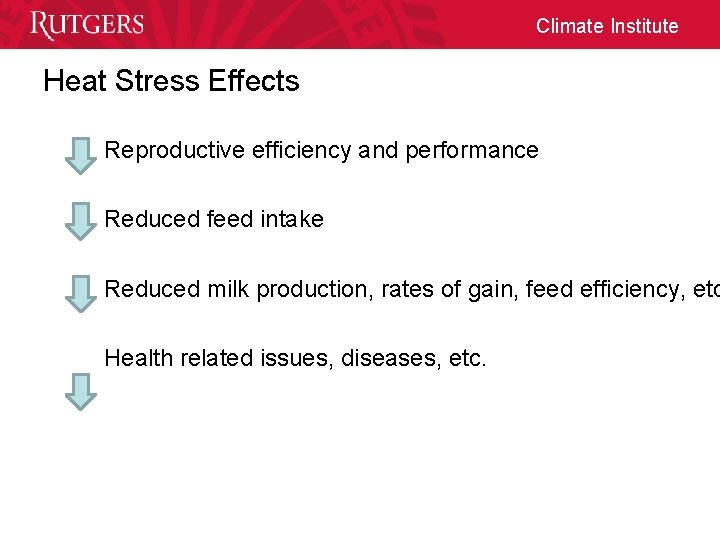 Climate Institute Heat Stress Effects Reproductive efficiency and performance Reduced feed intake Reduced milk