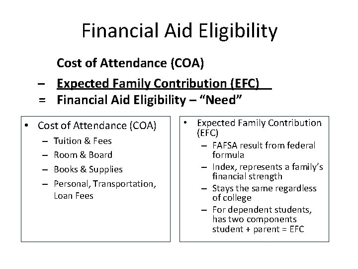Financial Aid Eligibility Cost of Attendance (COA) – Expected Family Contribution (EFC) = Financial
