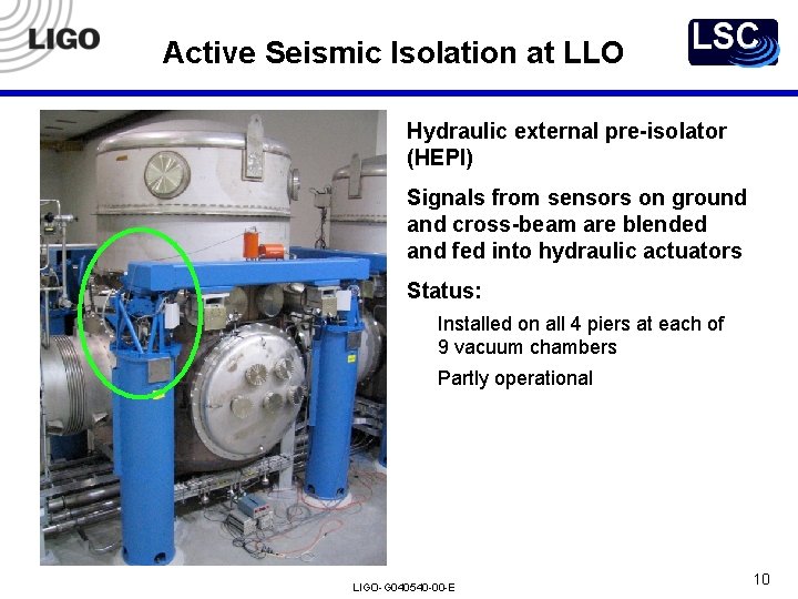 Active Seismic Isolation at LLO Hydraulic external pre-isolator (HEPI) Signals from sensors on ground Active Seismic Isolation at LLO Hydraulic external pre-isolator (HEPI) Signals from sensors on ground