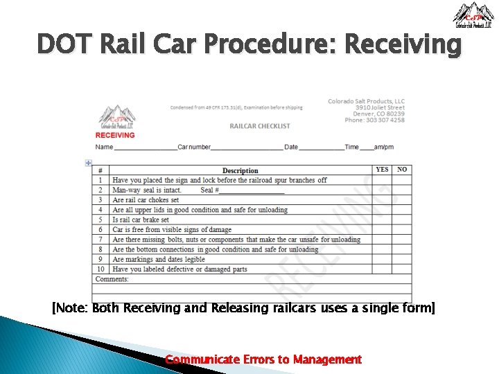 DOT Rail Car Procedure: Receiving [Note: Both Receiving and Releasing railcars uses a single