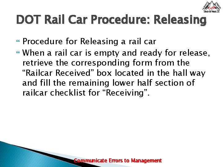 DOT Rail Car Procedure: Releasing Procedure for Releasing a rail car When a rail