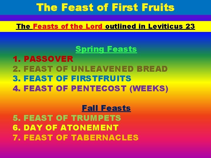 The Feast of First Fruits The Feasts of the Lord outlined in Leviticus 23