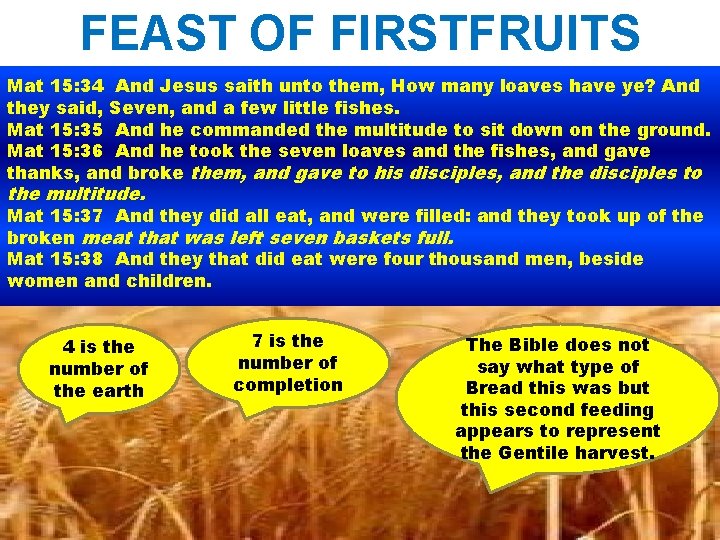 FEAST OF FIRSTFRUITS Mat 15: 34 And Jesus saith unto them, How many loaves
