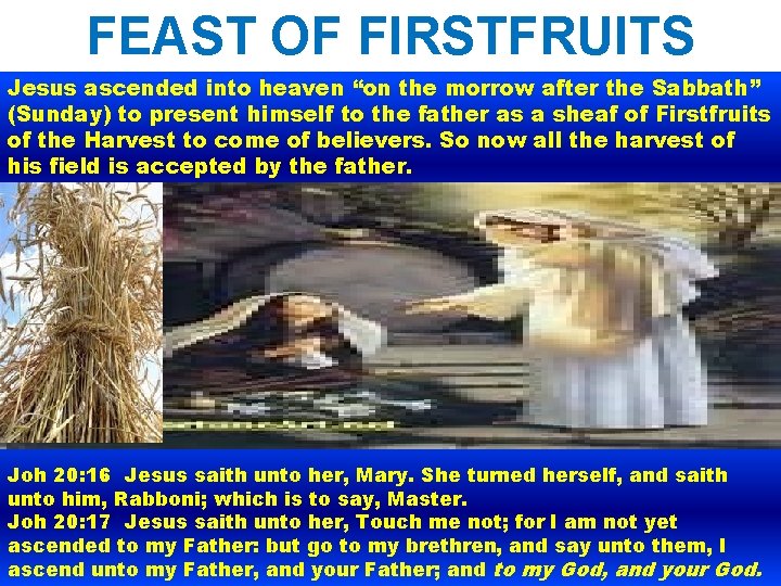 FEAST OF FIRSTFRUITS Jesus ascended into heaven “on the morrow after the Sabbath” (Sunday)