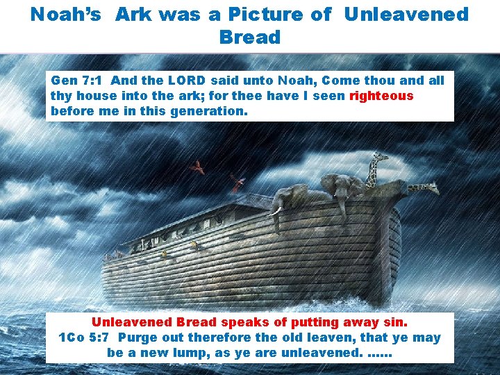 Noah’s Ark was a Picture of Unleavened Bread Gen 7: 1 And the LORD