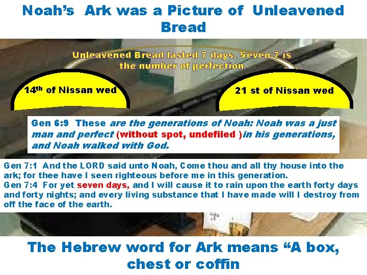 Noah’s Ark was a Picture of Unleavened Bread lasted 7 days. Seven 7 is