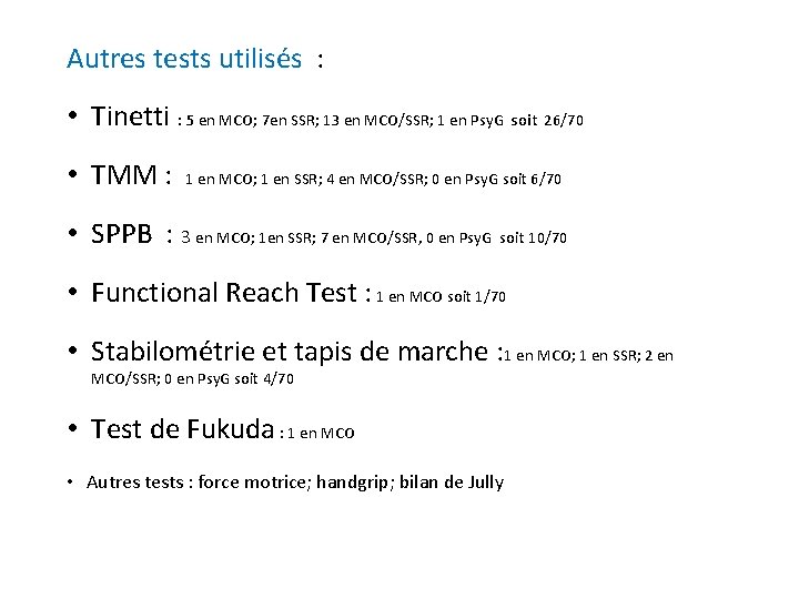 Autres tests utilisés : • Tinetti : 5 en MCO; 7 en SSR; 13