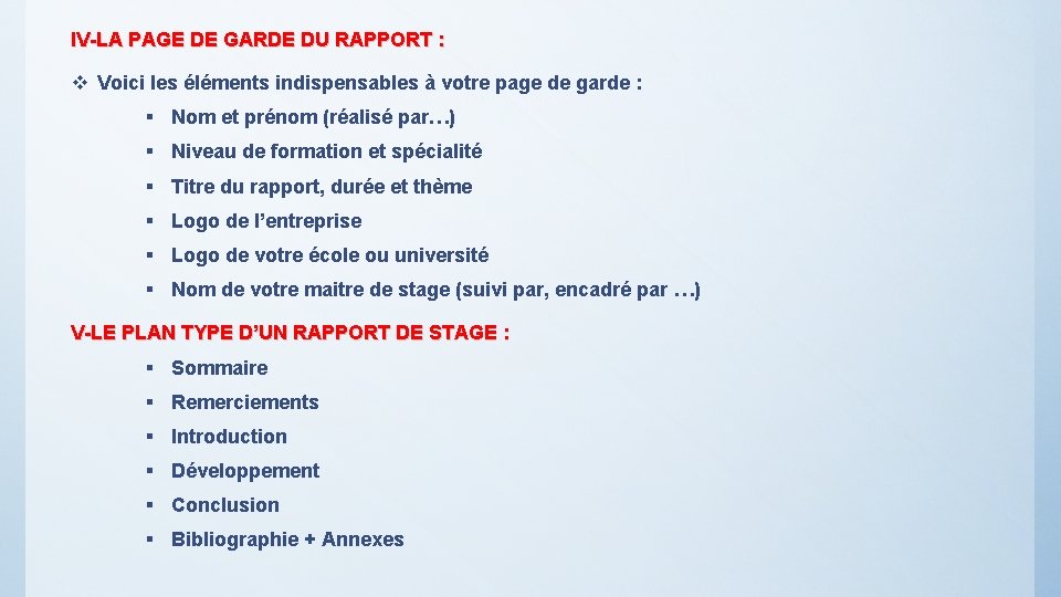 IV-LA PAGE DE GARDE DU RAPPORT : v Voici les éléments indispensables à votre