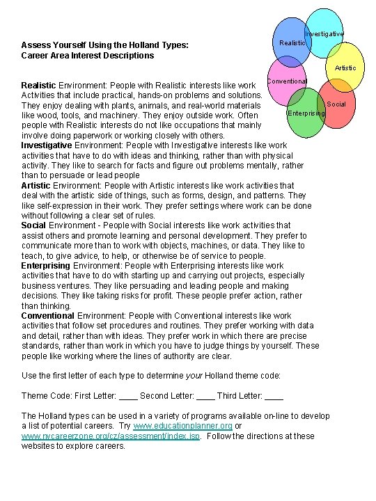 Assess Yourself Using the Holland Types: Career Area Interest Descriptions Investigative Realistic Artistic Conventional Assess Yourself Using the Holland Types: Career Area Interest Descriptions Investigative Realistic Artistic Conventional