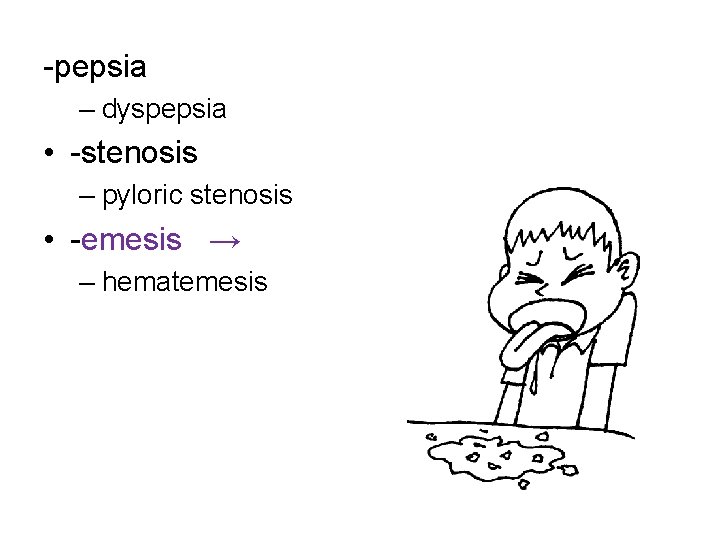 -pepsia – dyspepsia • -stenosis – pyloric stenosis • -emesis → – hematemesis 