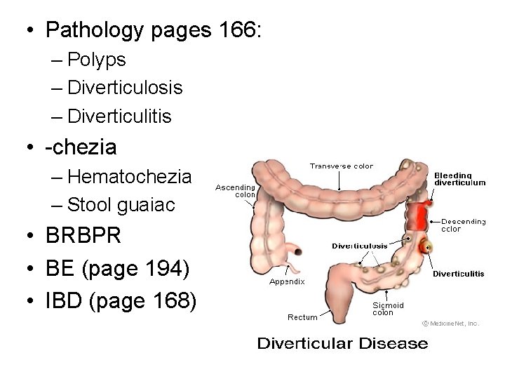  • Pathology pages 166: – Polyps – Diverticulosis – Diverticulitis • -chezia –