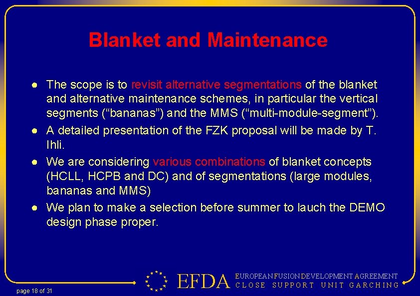 Blanket and Maintenance ● The scope is to revisit alternative segmentations of the blanket