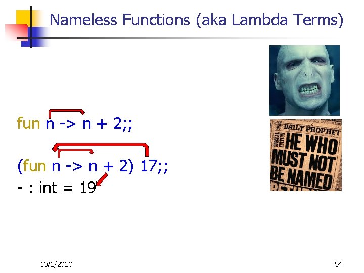 Nameless Functions (aka Lambda Terms) fun n -> n + 2; ; (fun n