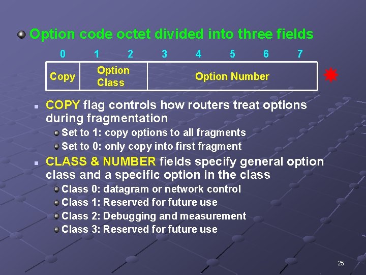 Option code octet divided into three fields 0 Copy n 1 2 Option Class