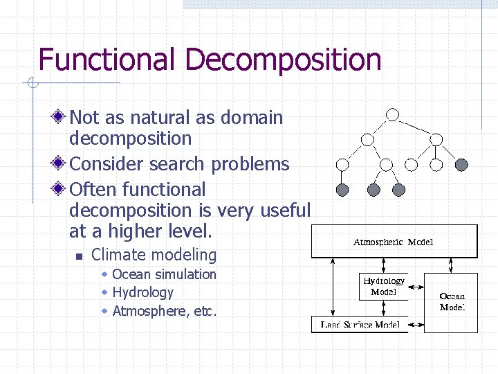 Functional Decomposition Not as natural as domain decomposition Consider search problems Often functional decomposition