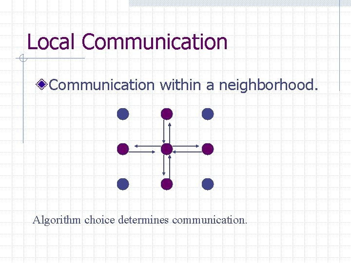 Local Communication within a neighborhood. Algorithm choice determines communication. 