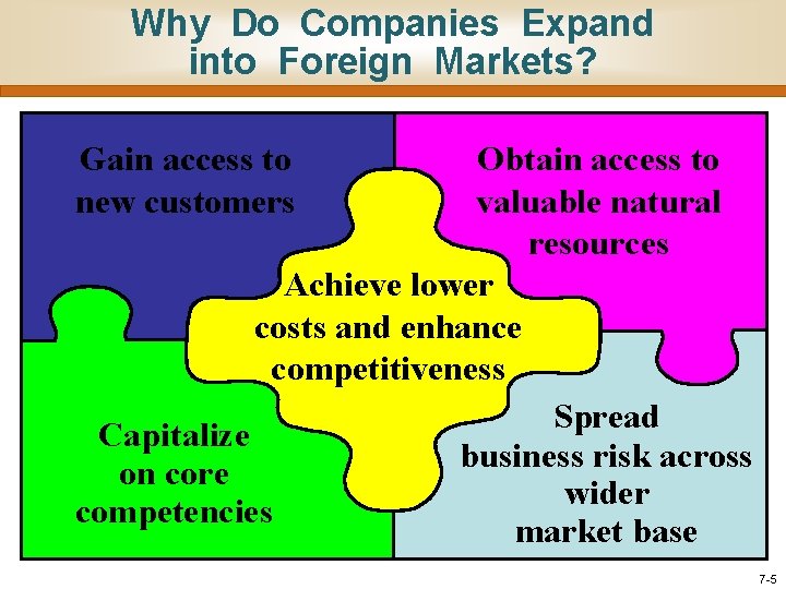 Why Do Companies Expand into Foreign Markets? Gain access to new customers Obtain access