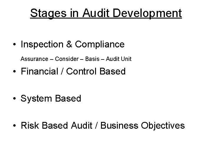 Stages in Audit Development • Inspection & Compliance Assurance – Consider – Basis –