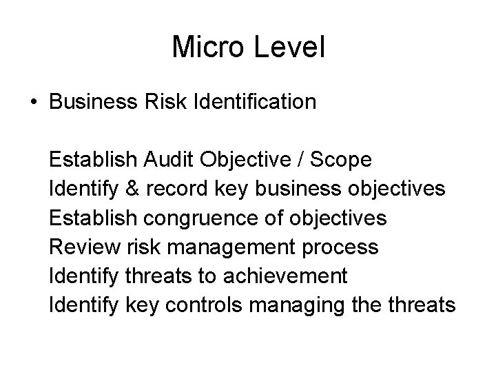 Micro Level • Business Risk Identification Establish Audit Objective / Scope Identify & record