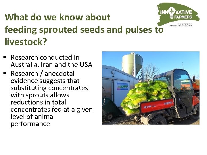 What do we know about feeding sprouted seeds and pulses to livestock? § Research