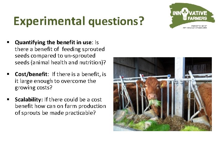 Experimental questions? § Quantifying the benefit in use: Is there a benefit of feeding