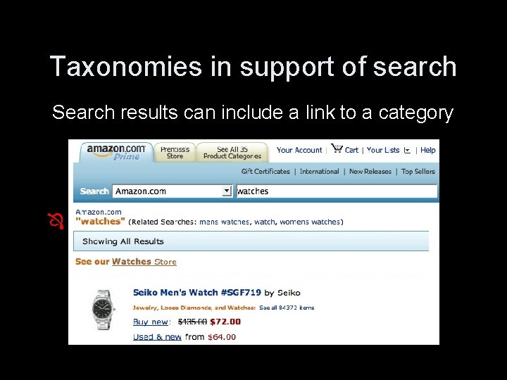 Taxonomies in support of search Search results can include a link to a category