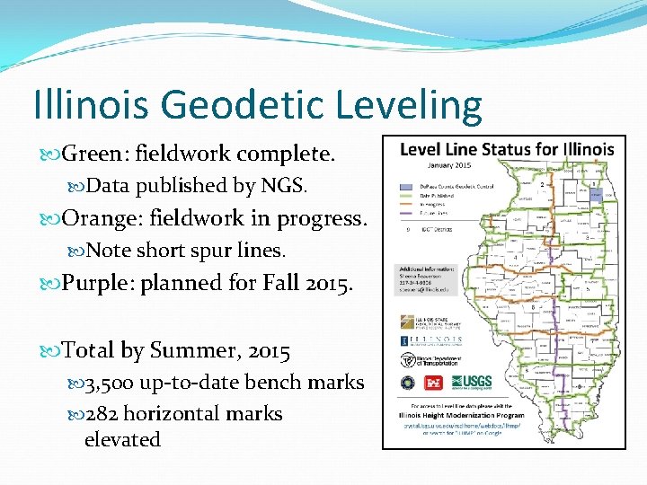 Illinois Geodetic Leveling Green: fieldwork complete. Data published by NGS. Orange: fieldwork in progress.