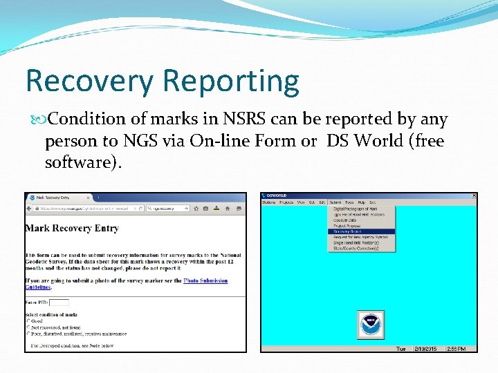 Recovery Reporting Condition of marks in NSRS can be reported by any person to